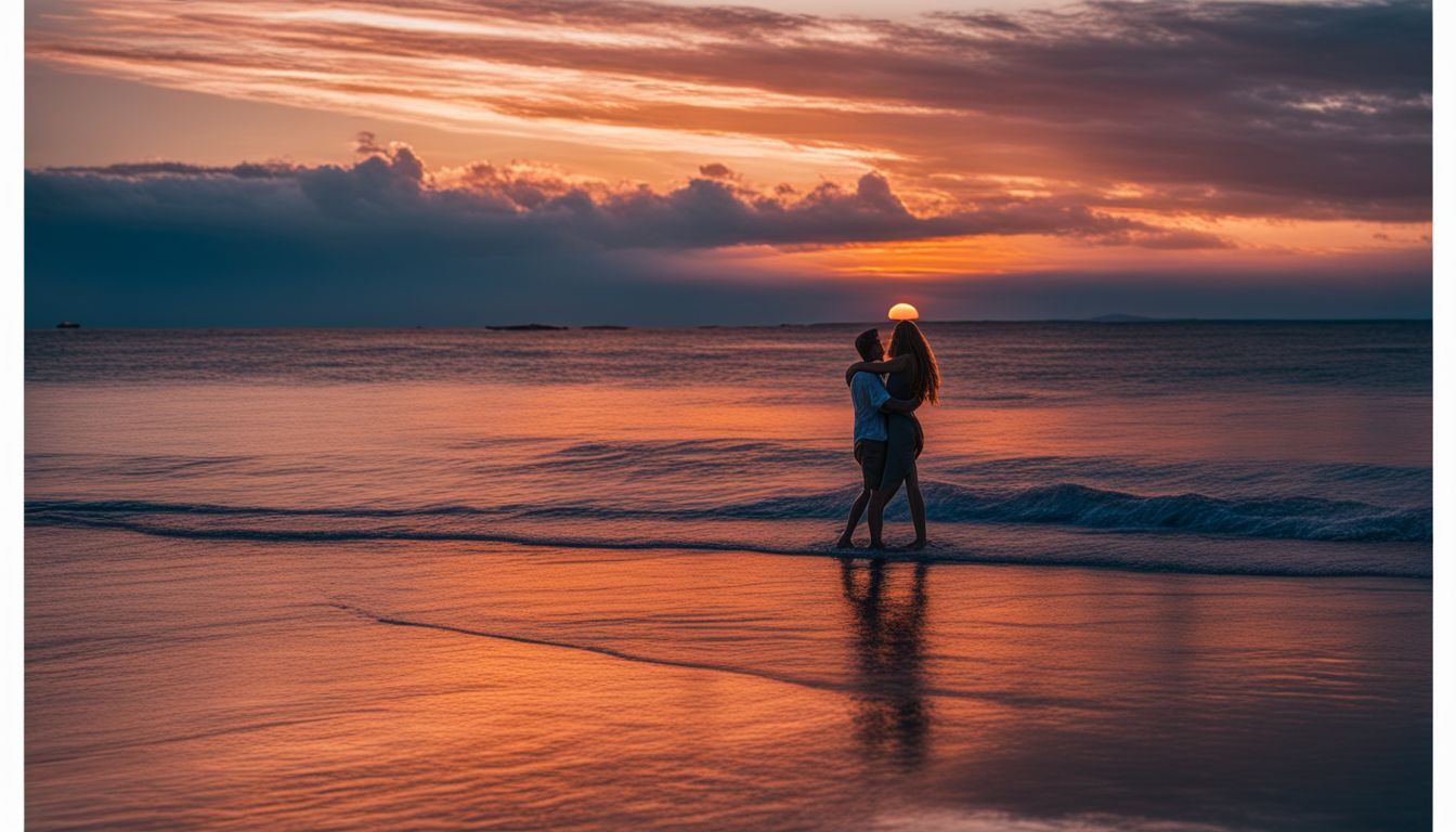 An ENFJ and ENFP couple and a stunning seascape photograph capturing a vibrant sunset and ocean.