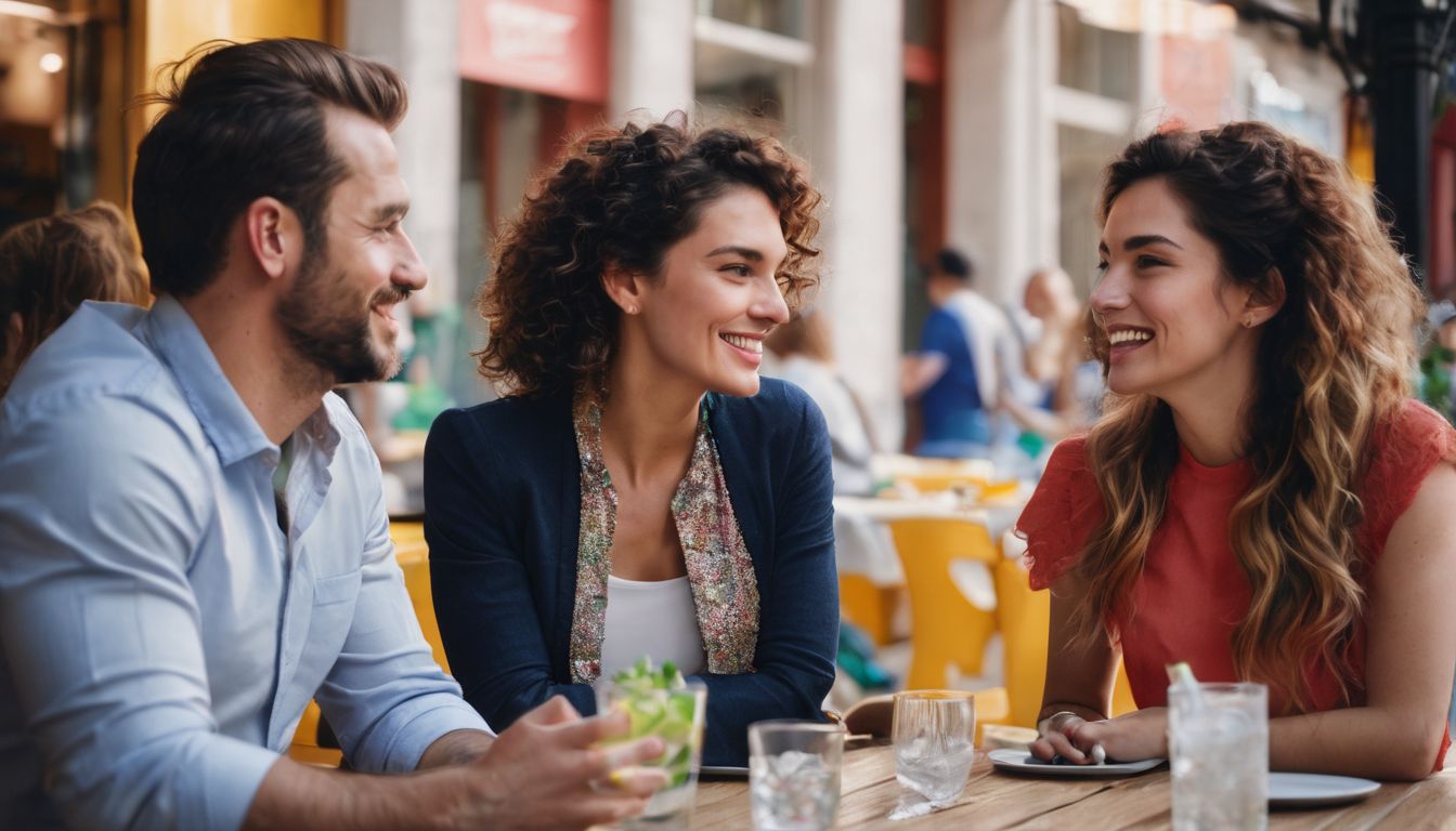 ENFJ and ESFJ people engage in a deep conversation at a vibrant table.