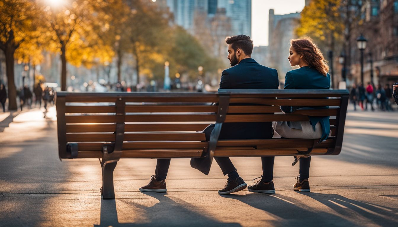 ENFP and ESFJ couple engaged in deep conversation on a park bench.