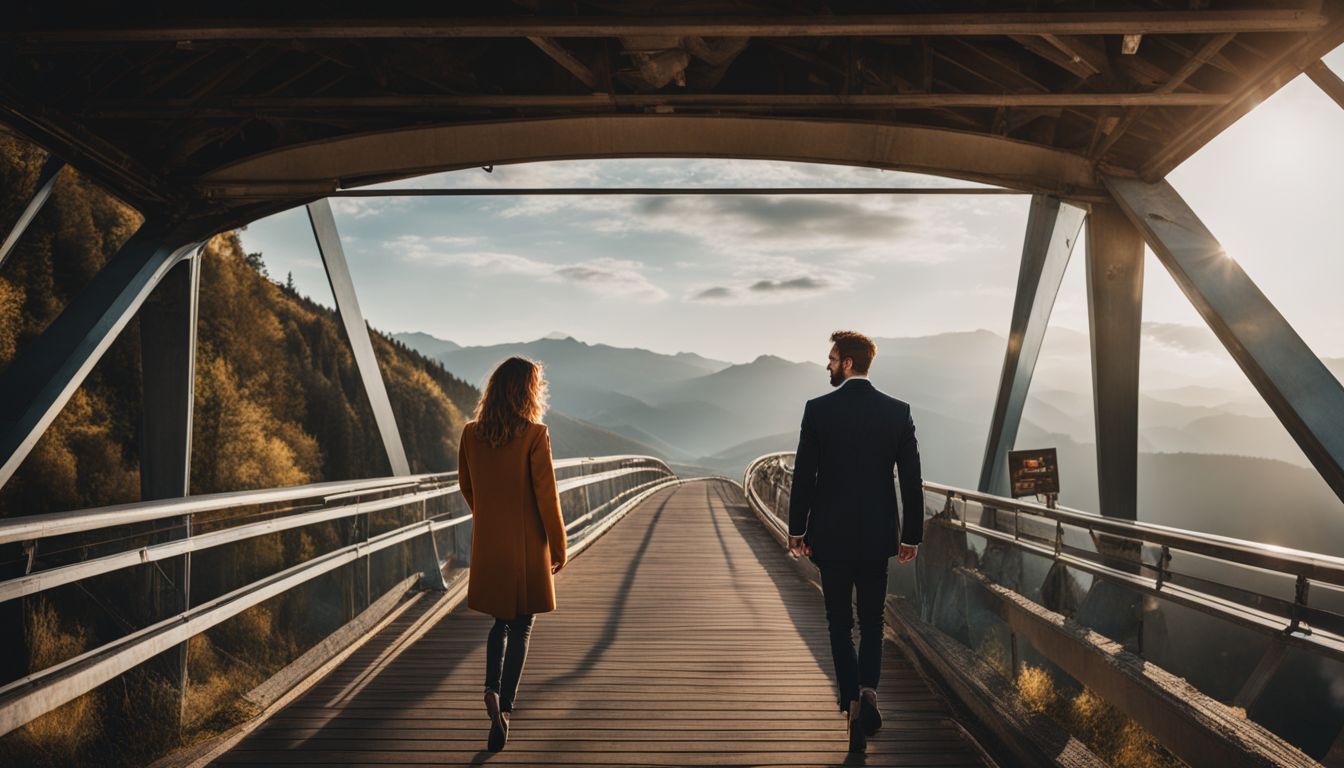 an ENTJ and ESTP couple crossing a bridge