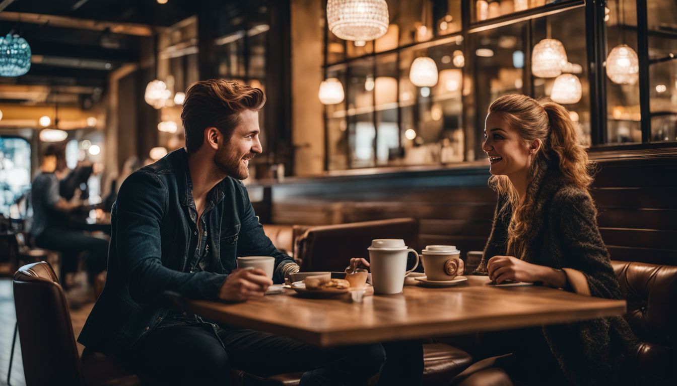 A photo of two ENTP individuals engaged in lively conversation at a coffee shop.