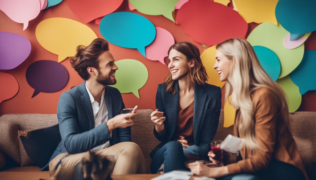 ENTP and ESFP engaged in a lively conversation surrounded by colorful speech bubbles.