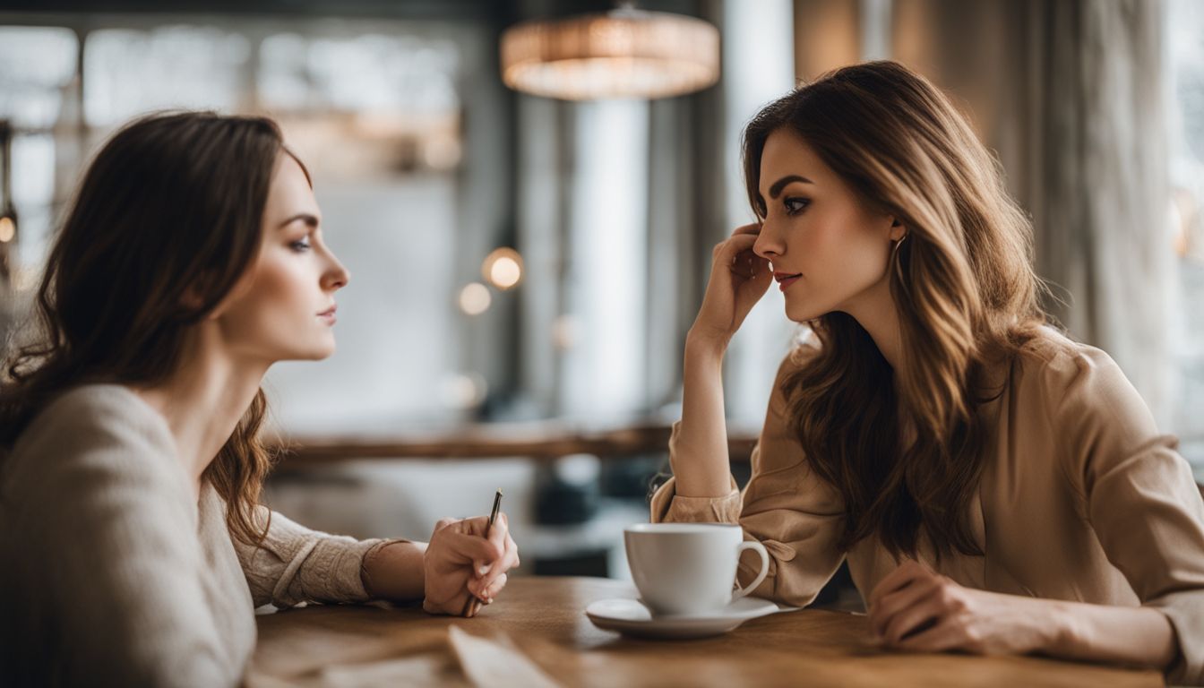 ESTJ and ESFJ engage in a thoughtful conversation at a well-lit table.