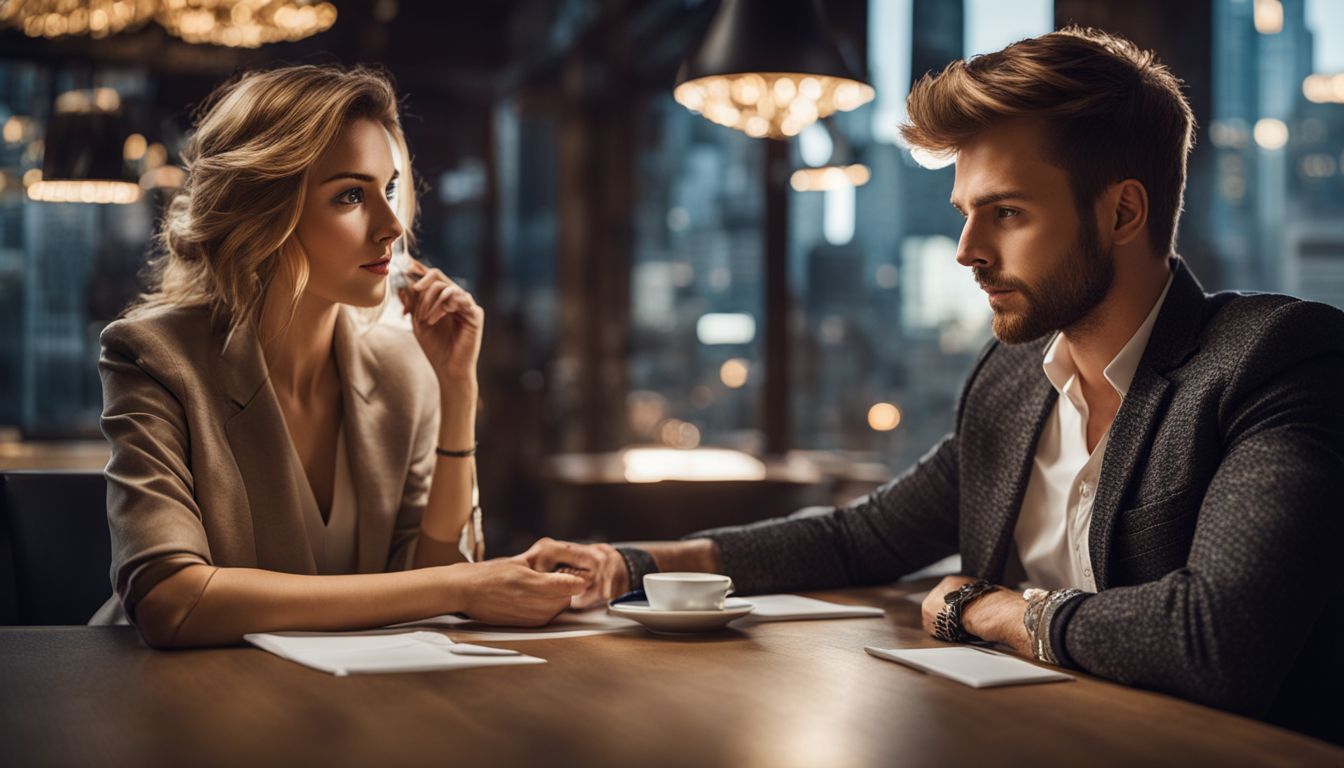 An ESTJ and ESTP couple engrossed in conversation at a table in the city.