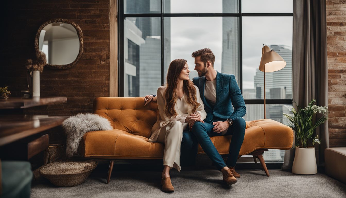 A couple sitting on a couch in a cityscape setting.