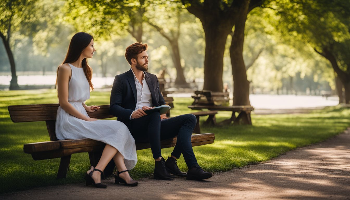 A couple engages in a peaceful conversation in a serene park.