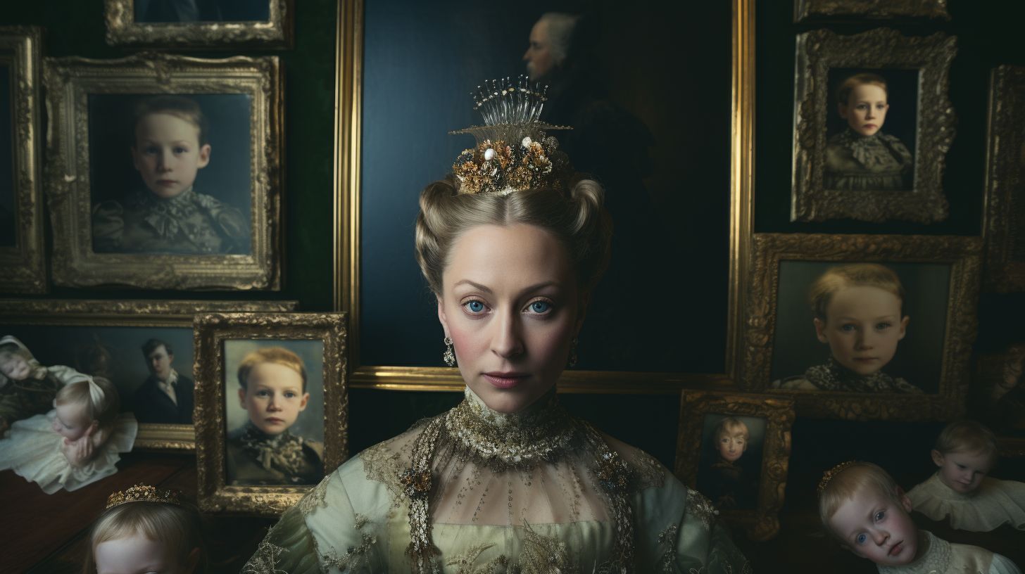 A regal portrait of Queen Victoria and her descendants.
