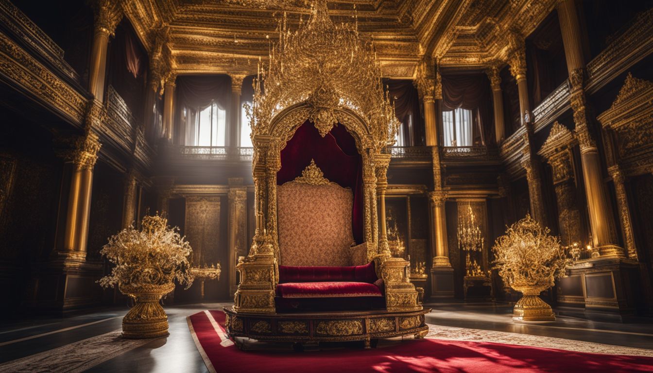 A regal crown is showcased on a majestic throne in a grand palace.