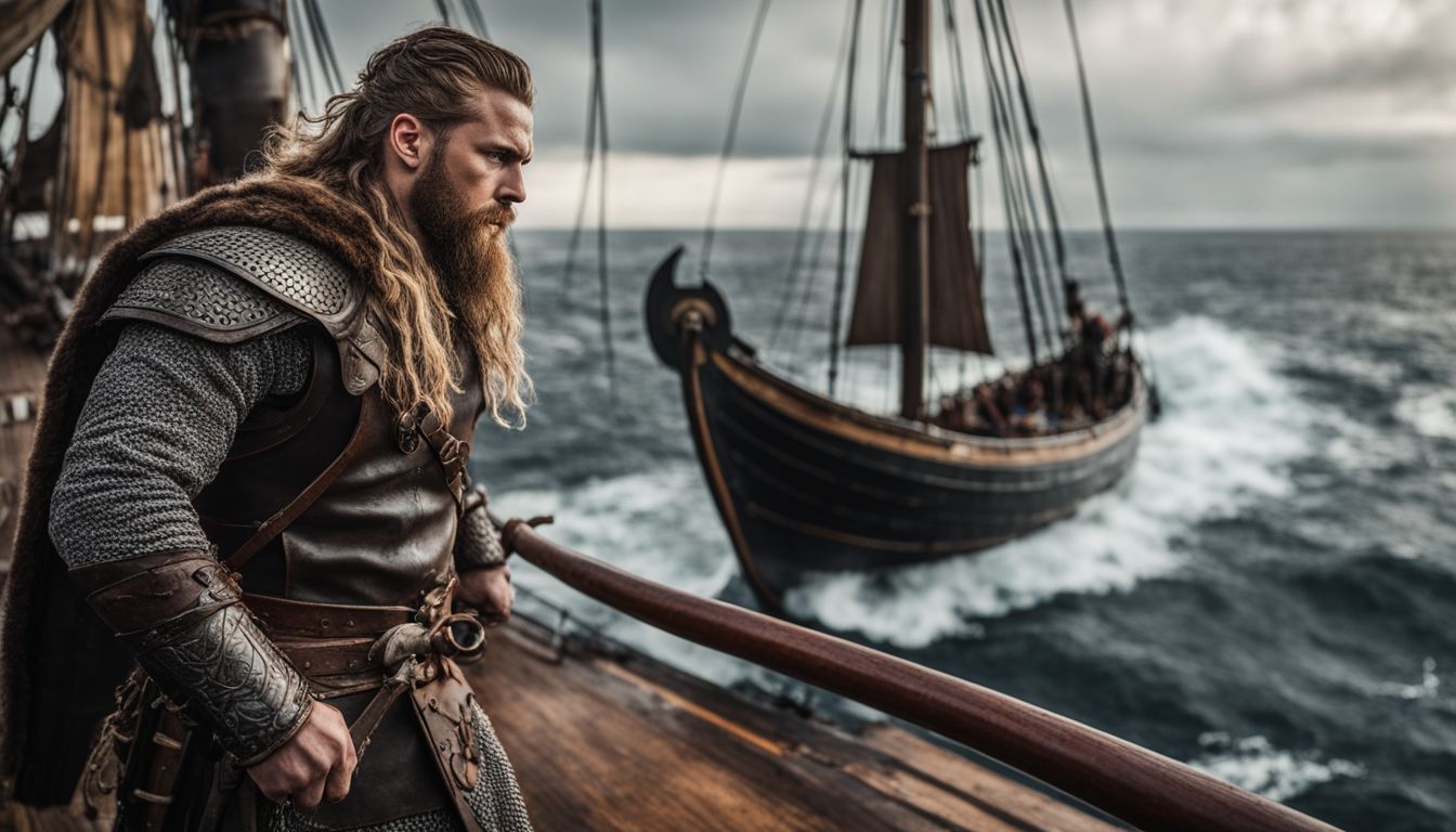 A Viking warrior stands on a ship in a bustling atmosphere.