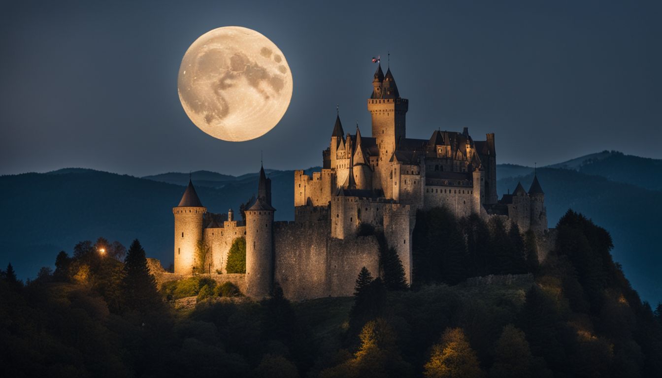A medieval castle at night with a full moon in the background.