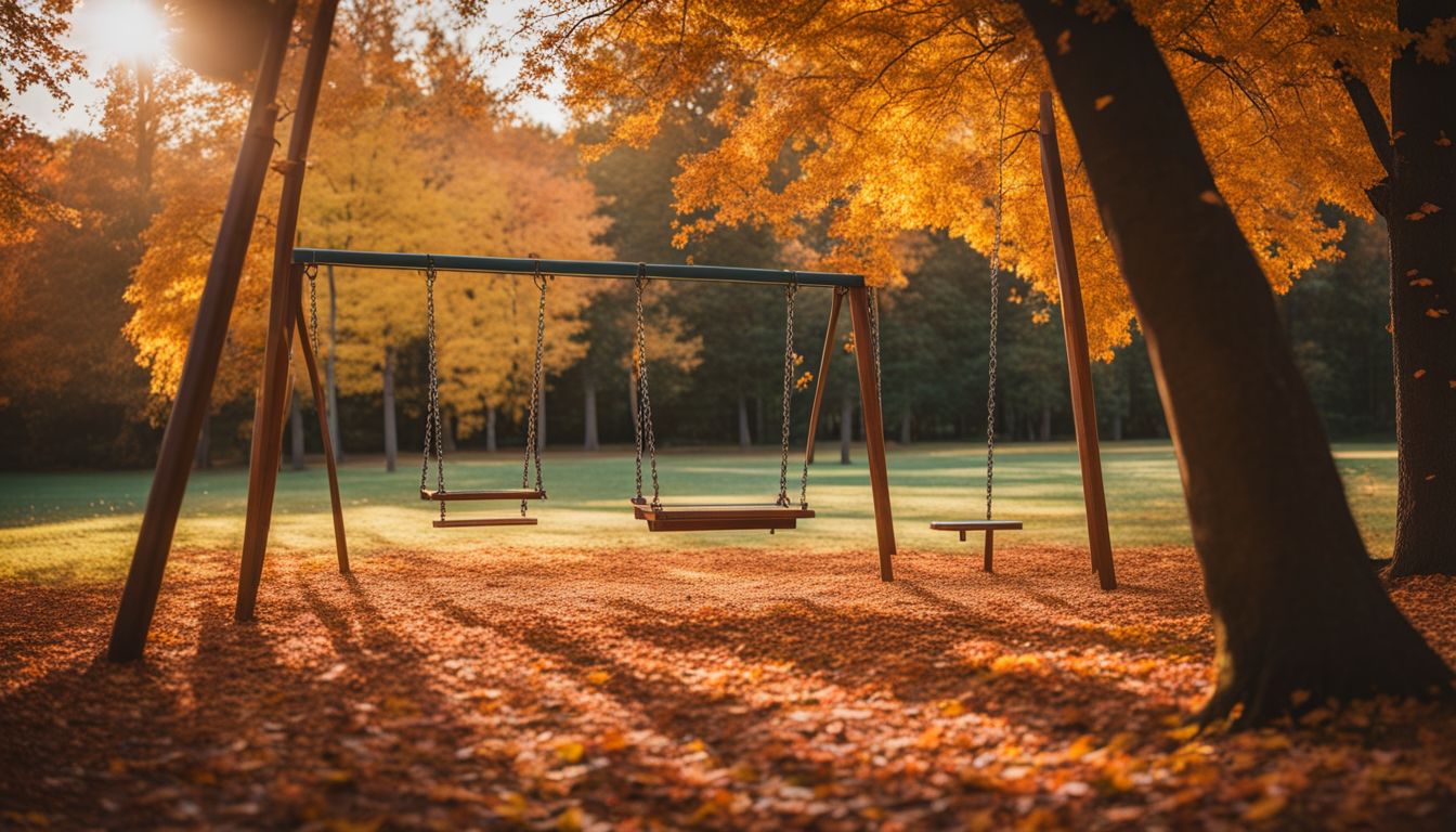 A peaceful park with an empty swing set surrounded by colorful autumn leaves.