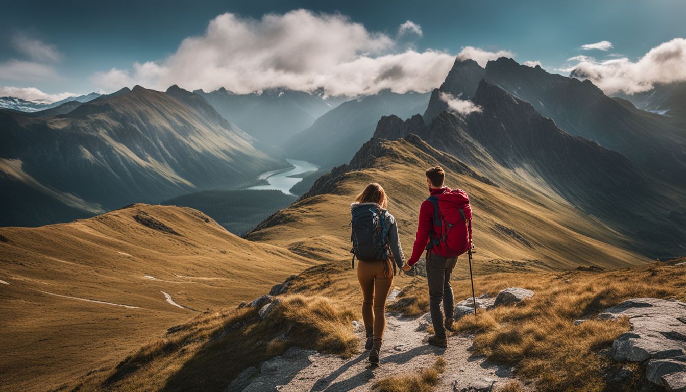An ENFJ and ESTP couple hiking in a stunning mountain landscape.