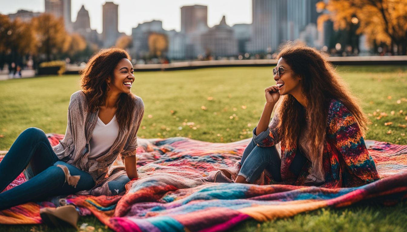 Two ENFPs enjoying a vibrant park with lively conversation and laughter.