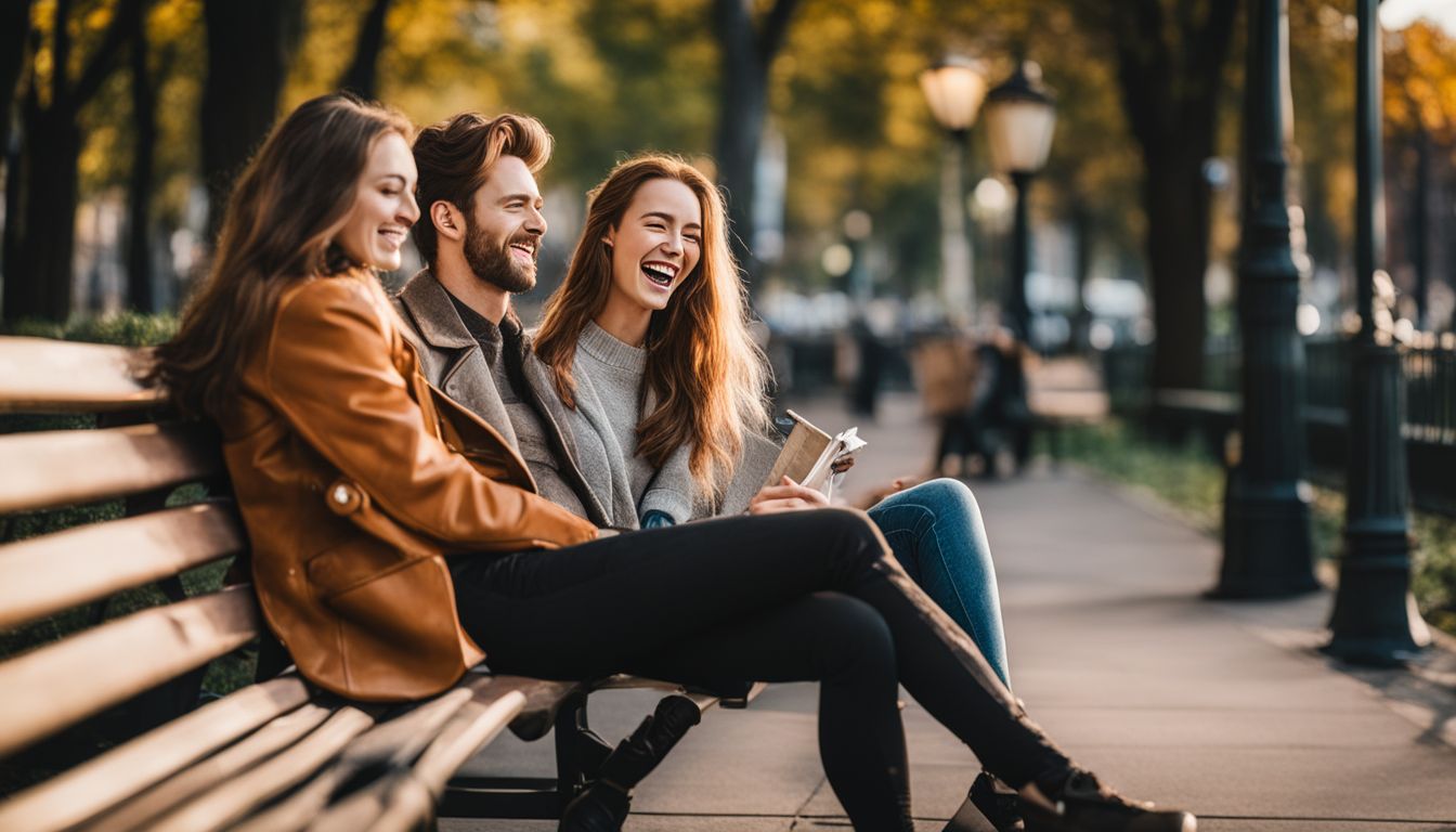 ENFP and ESFP friends enjoying a conversation and laughter on a park bench.