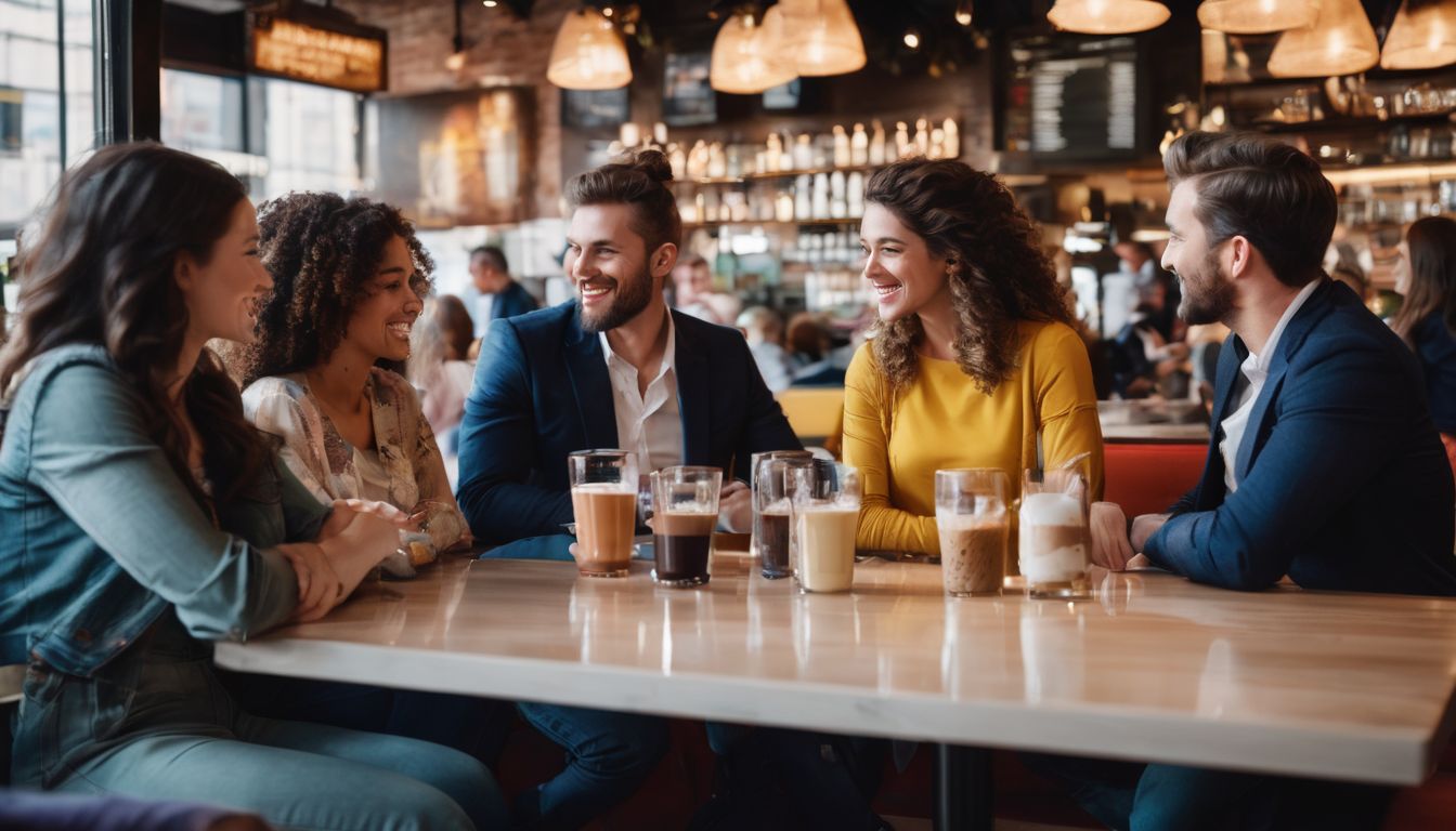 A diverse group of ENTJ and ENFP engaged in conversation at a vibrant cafe.