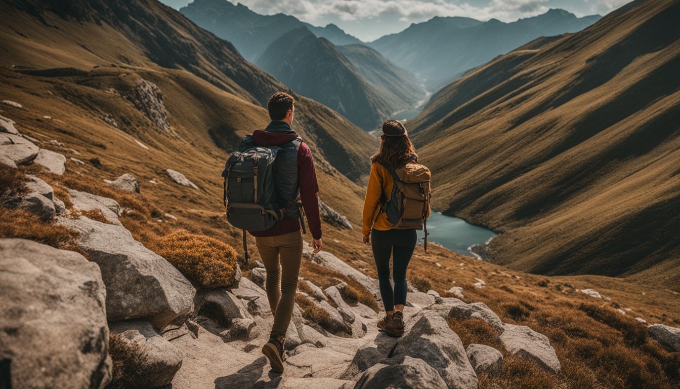 A ENTJ man and ESTJ woman hike together in a mountainous landscape.