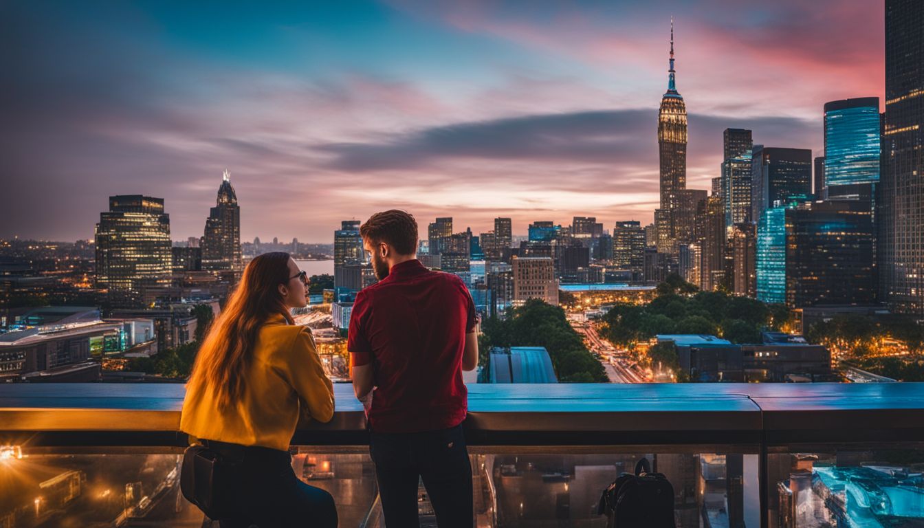 Two ENTPs engaged in conversation amidst a bustling cityscape.