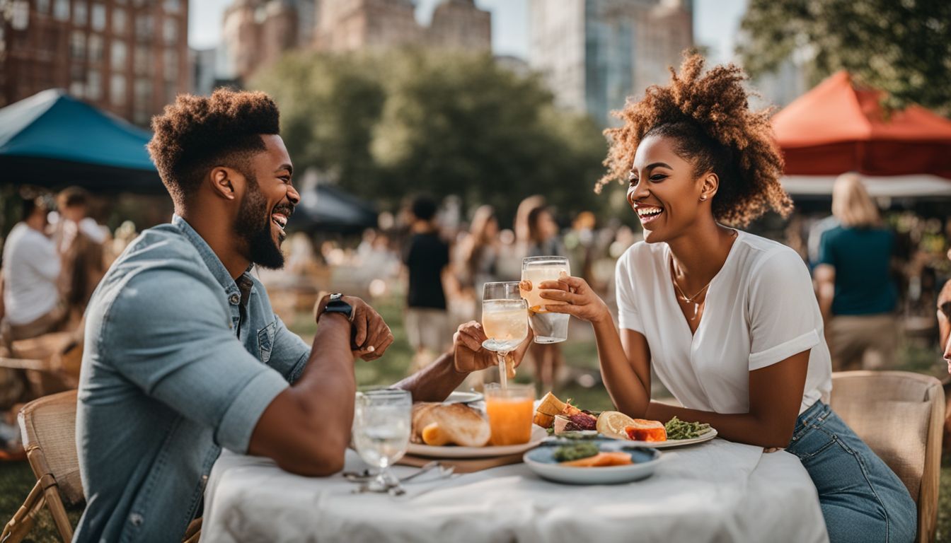 An ENTP and ESFJ couple enjoy a lively outdoor picnic together.