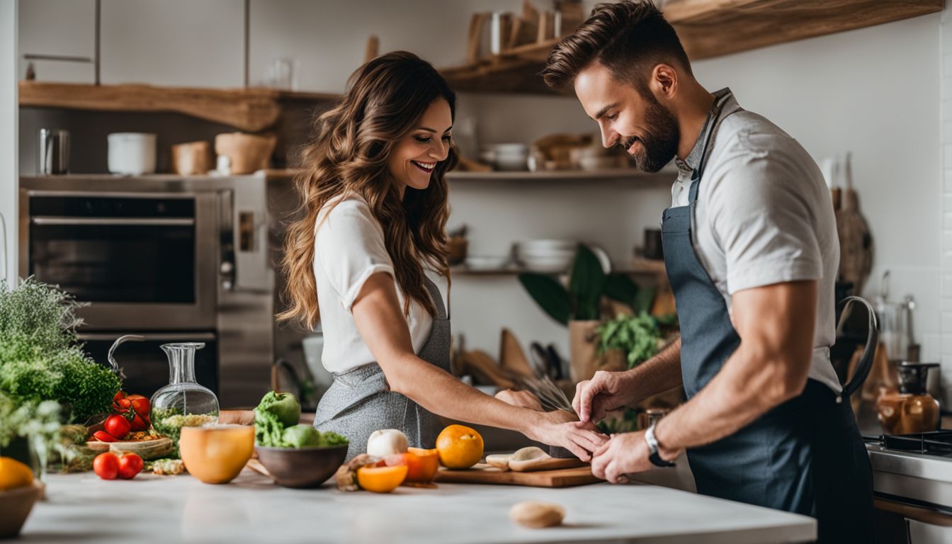An ESTJ and ESFJ cooking together in a bright and organized kitchen.