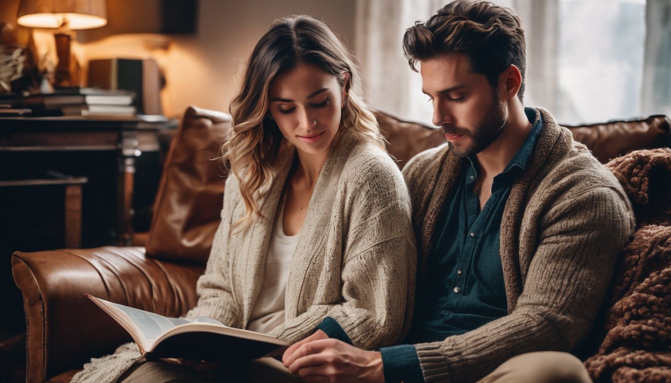 A couple surrounded by books and blankets on a cozy couch.