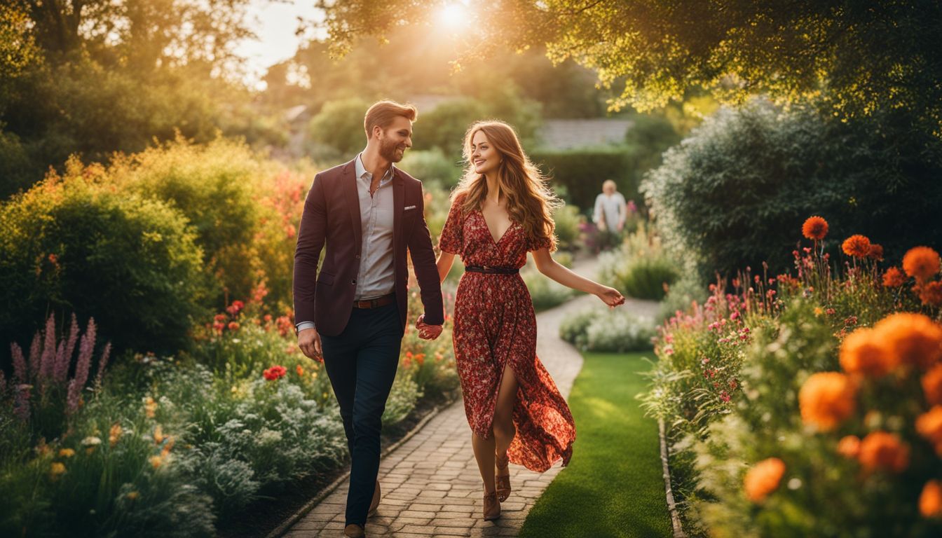A couple walks hand in hand through a vibrant garden.