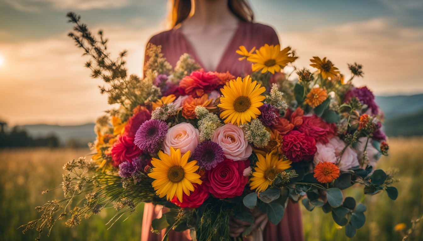 Colorful bouquet of flowers in a sunny field with ISFP and ENFP people.