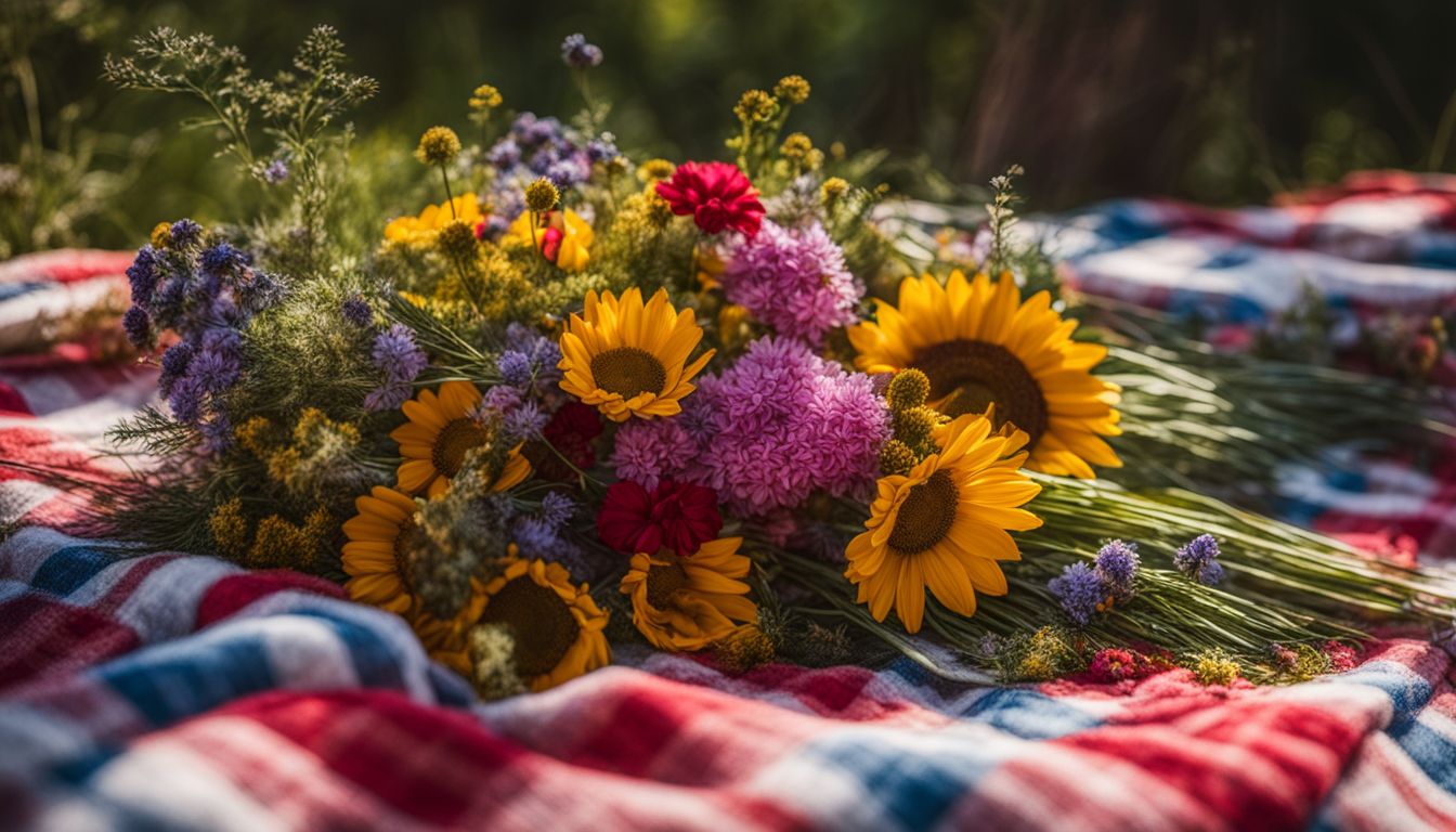 A vibrant bouquet of wildflowers on a picnic blanket in a serene forest.