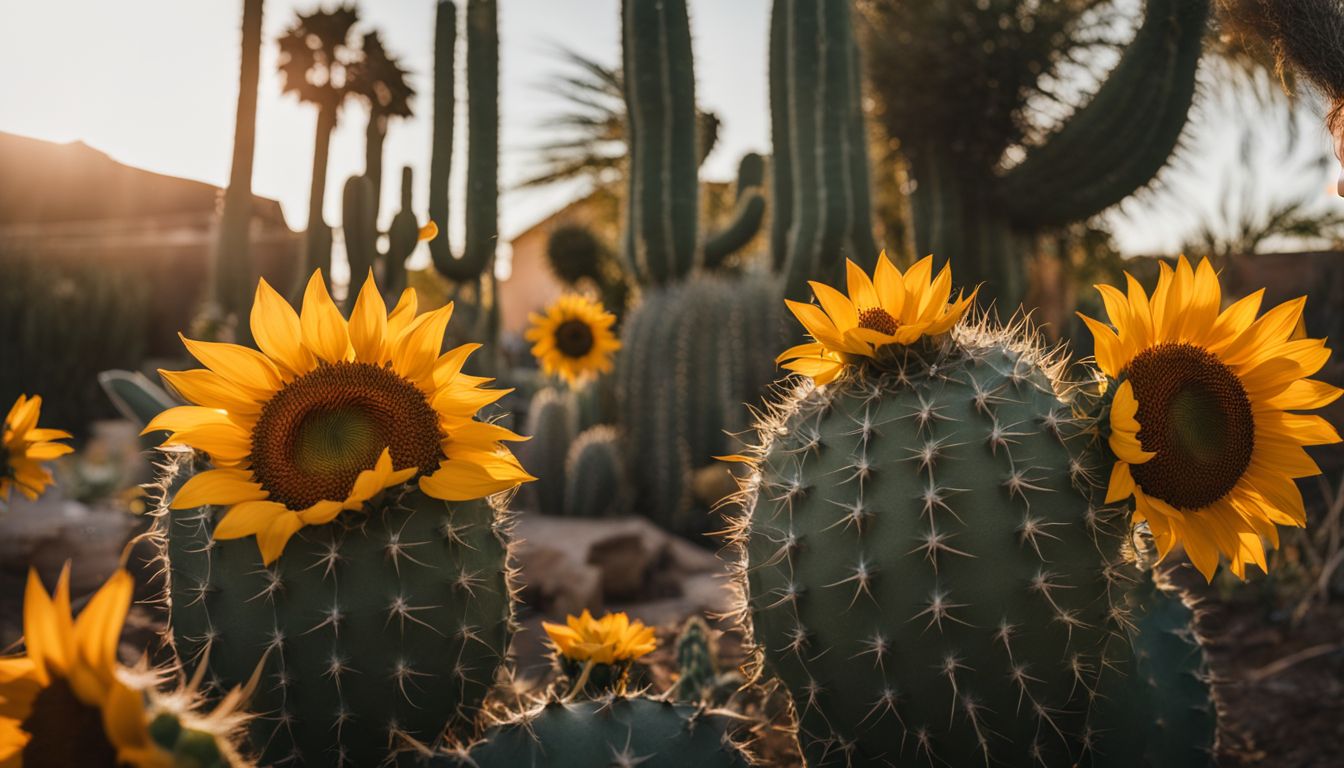 A vibrant garden showcases a sunflower and cactus thriving together.