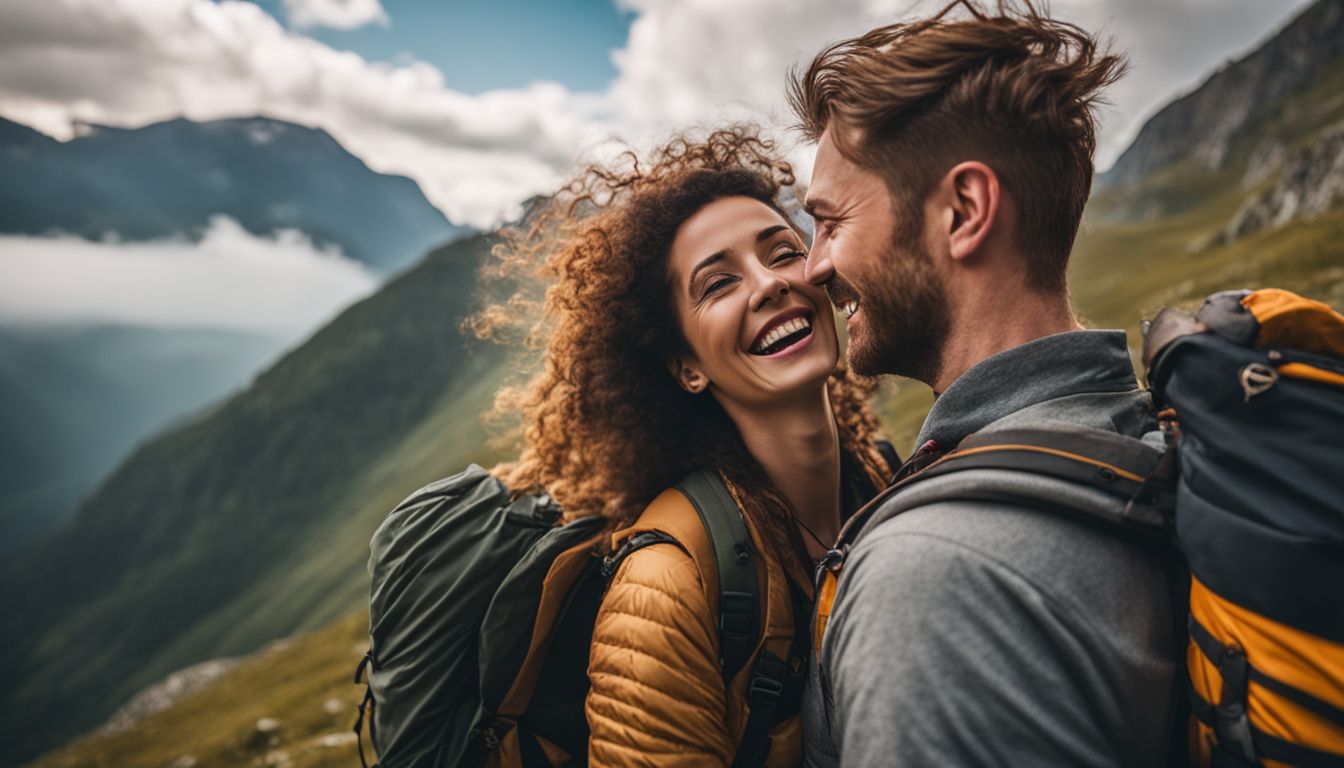 A couple hiking in the mountains, enjoying nature and each other's company.