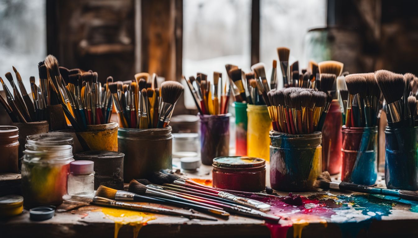 A diverse art studio with a variety of paintbrushes and paint tubes.