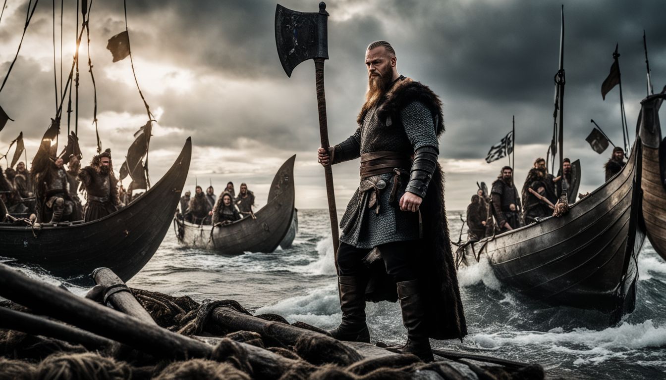 Ragnar Lothbrok stands proudly among Viking ships, ready for battle.