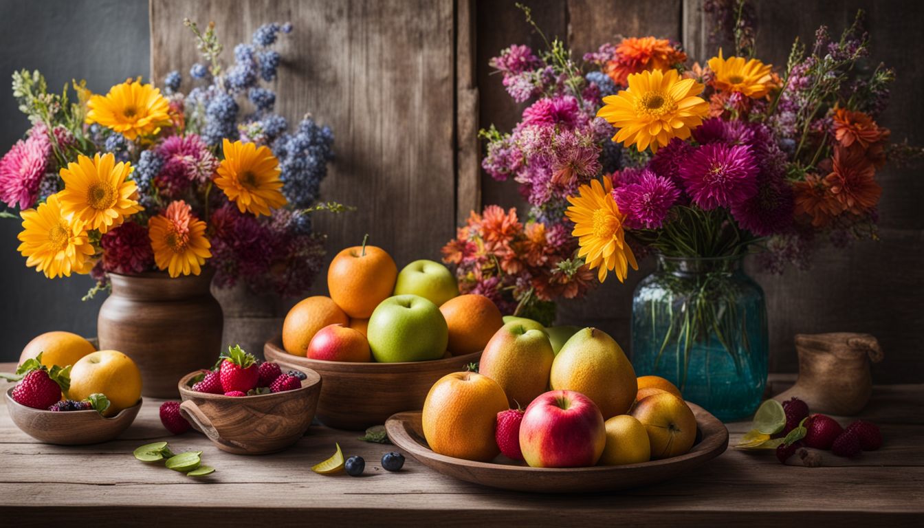 A rustic table adorned with flowers, fruits, and various faces.