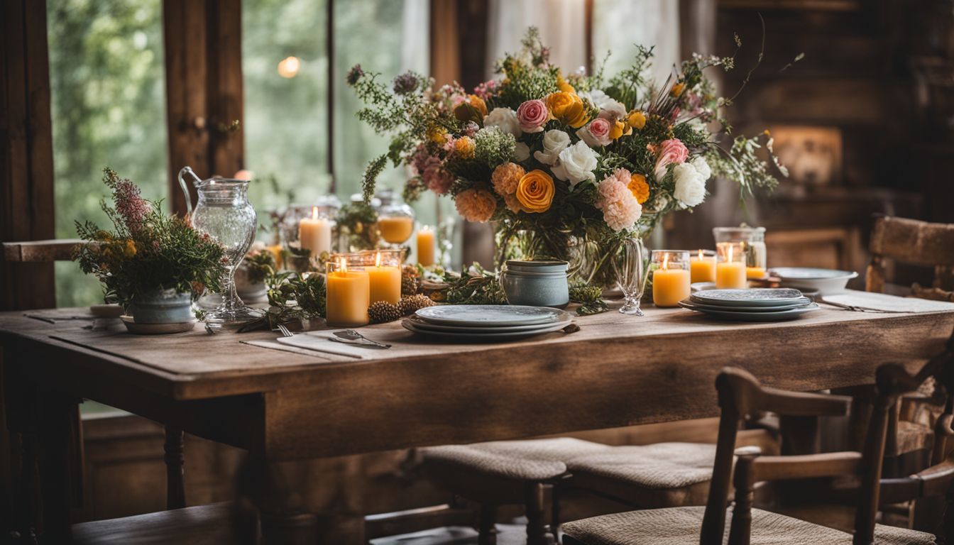 A rustic table with a floral arrangement and vintage tableware.
