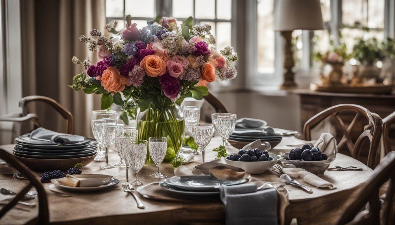 A beautifully set kitchen table with elegant tableware and fresh flowers.