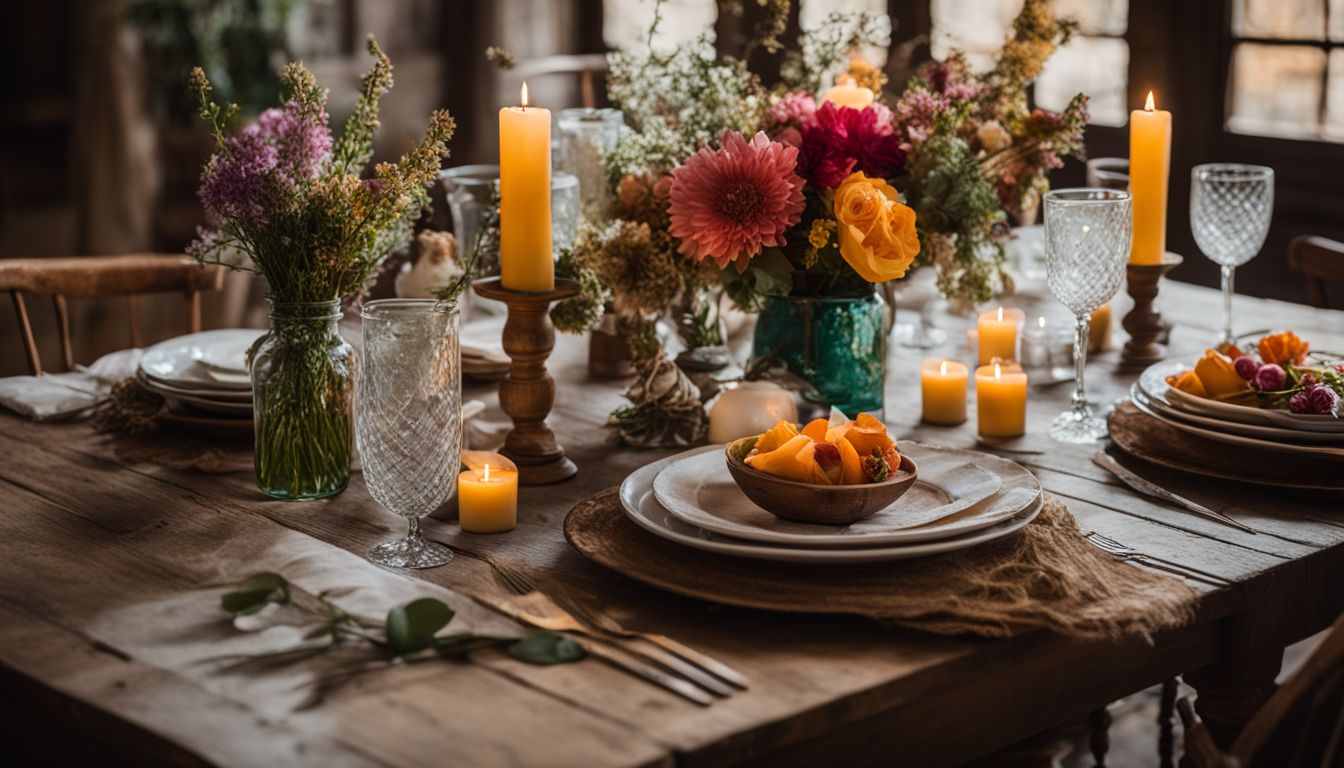 A beautifully set rustic table with fresh flowers and vintage dishes.