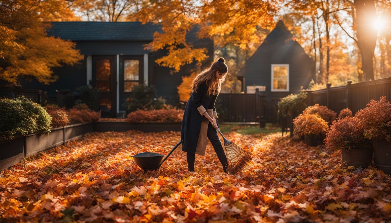 Een persoon harkt bladeren in een kleurrijk herfstlandschap.