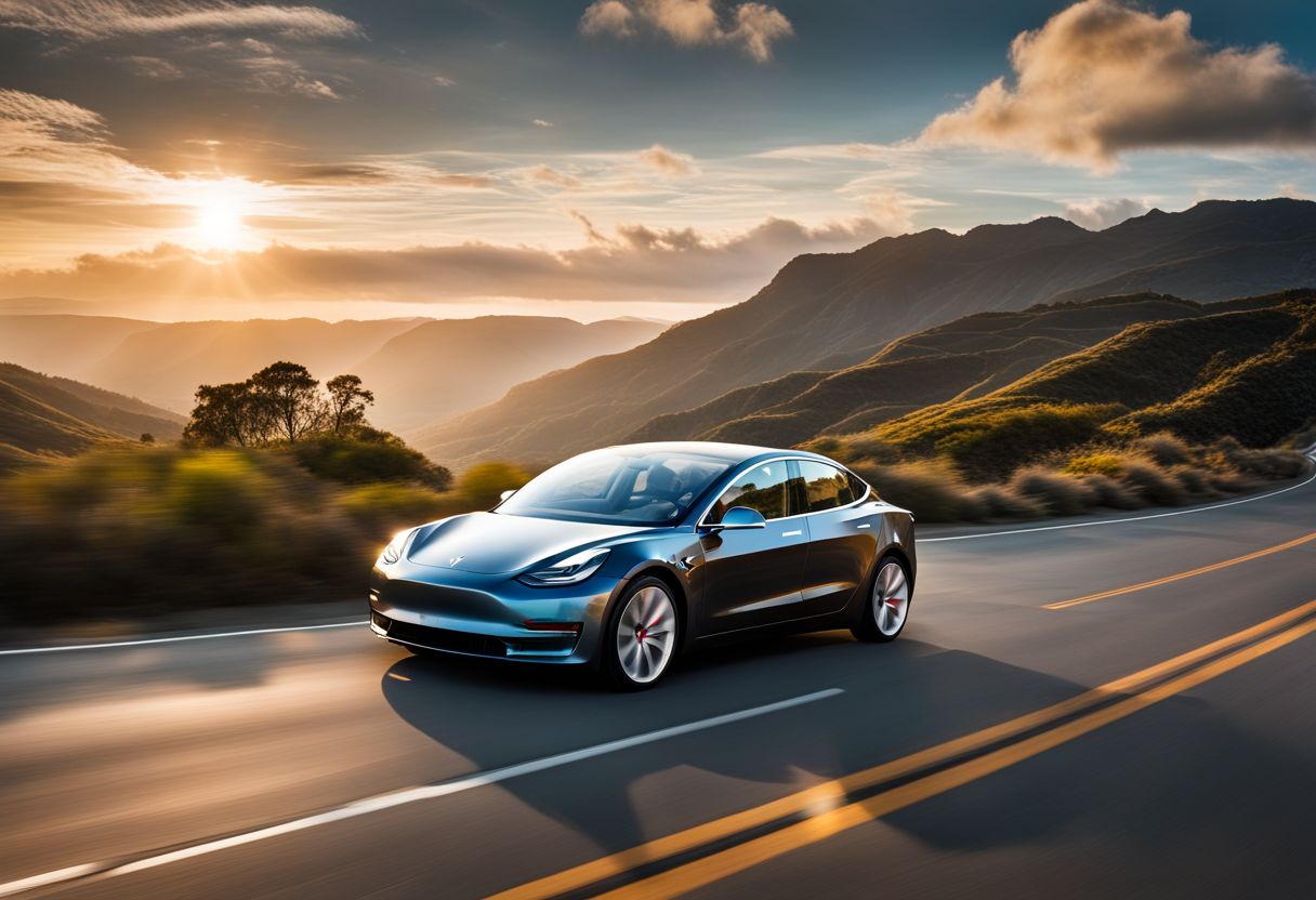 A Tesla Model 3 driving on a scenic road with charging stations.