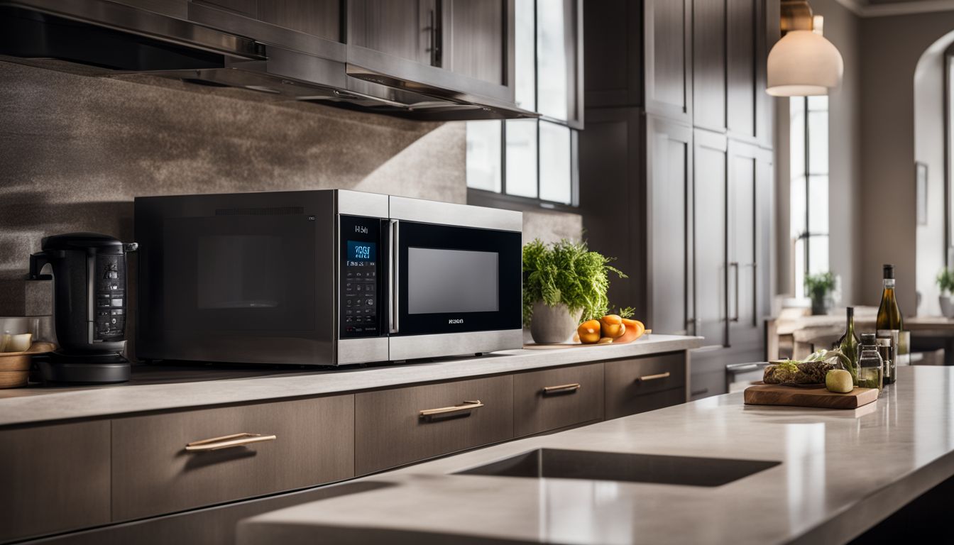 A modern kitchen countertop with stylish appliances and a sleek microwave.