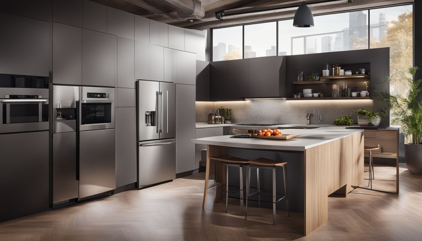 A sleek modern kitchen with stainless steel appliances and an over-the-range microwave.