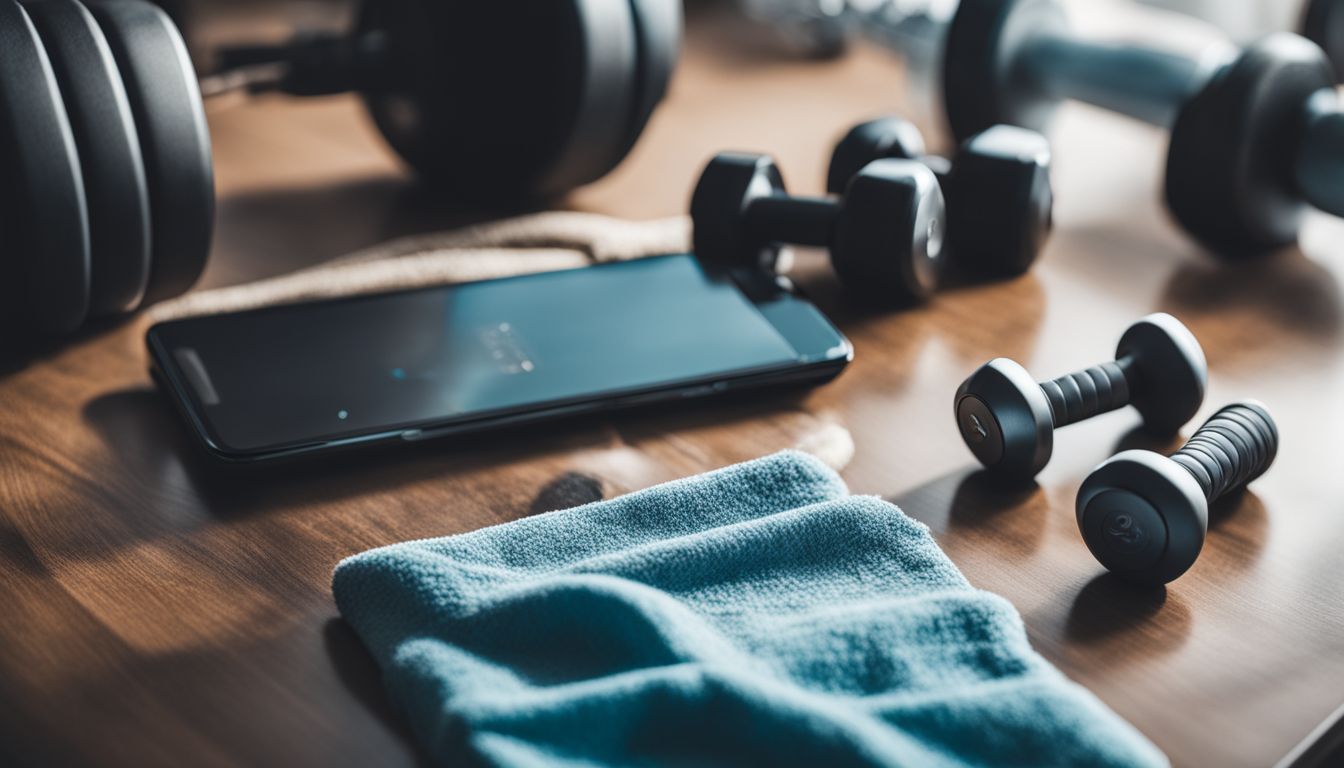 A pair of wireless earbuds next to fitness equipment and a towel.