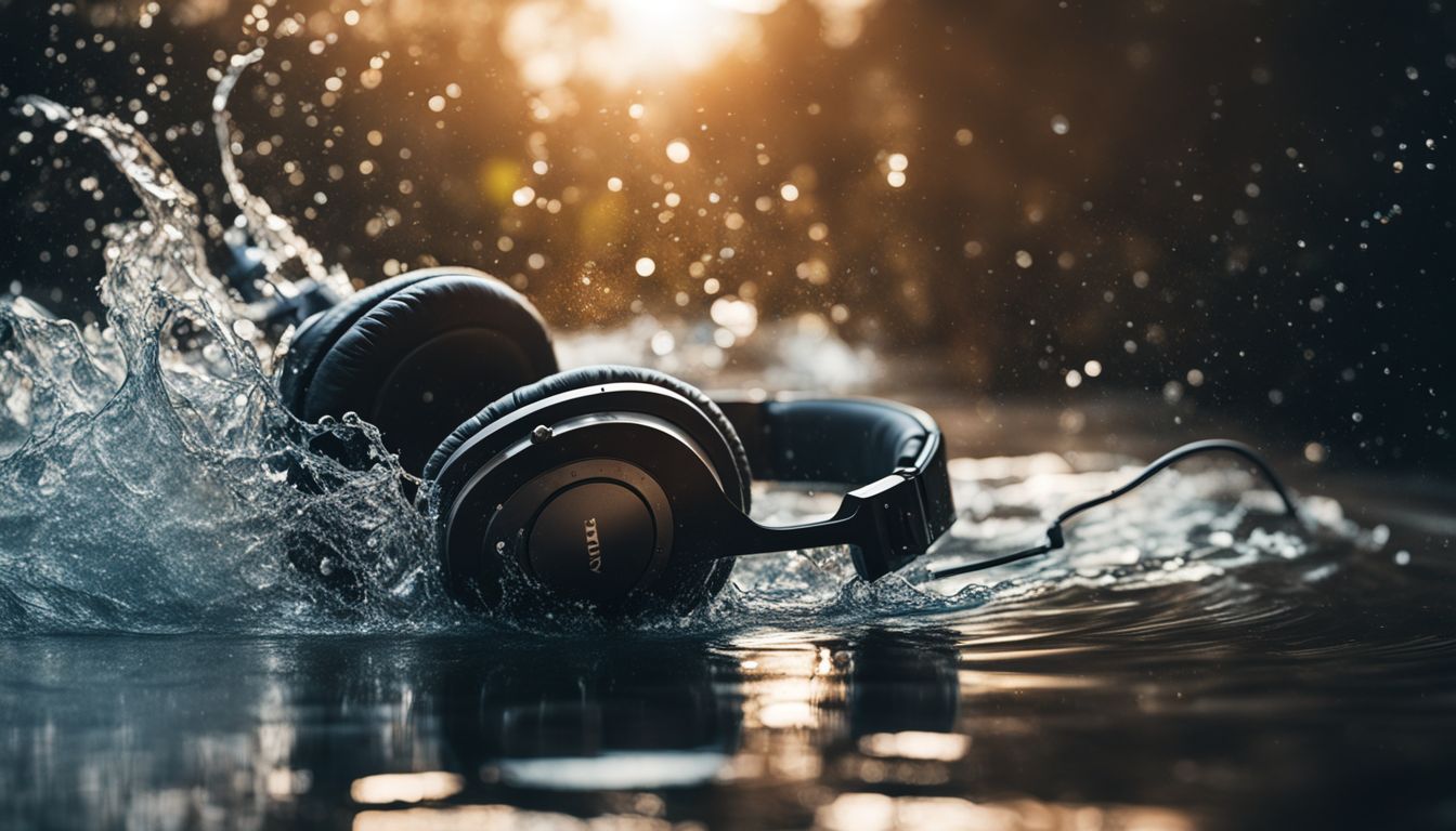 Aerial photograph of headphones submerged in water with splashes.