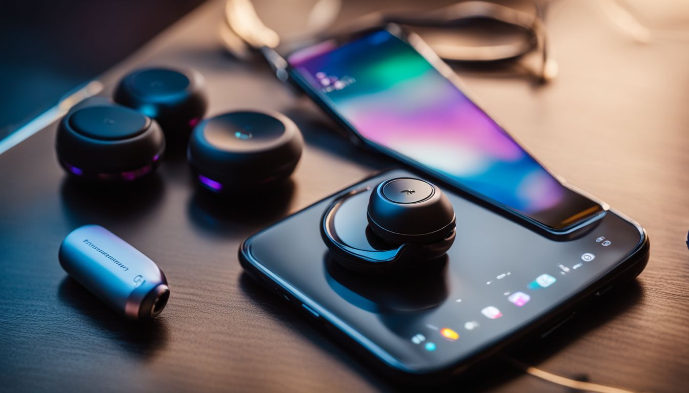 A still life photo featuring high-quality wireless earbuds surrounded by audio equipment and musical notes.
