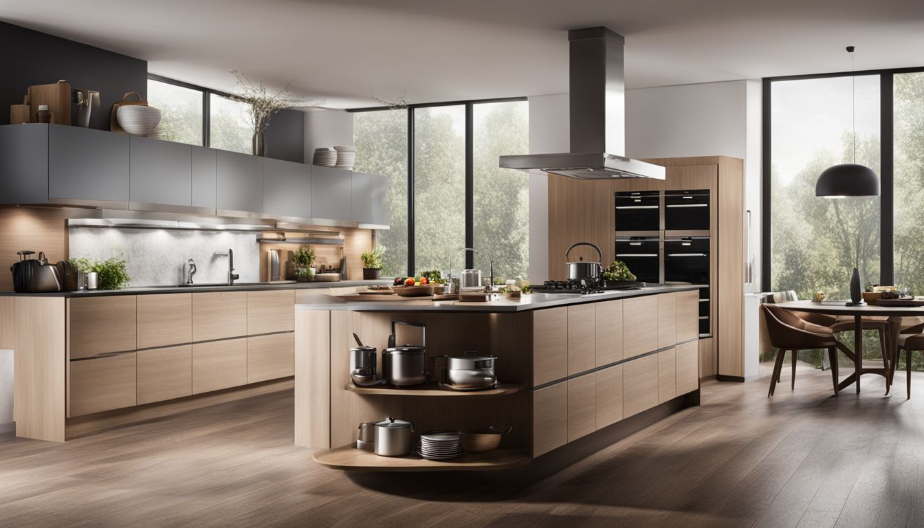 A modern kitchen with a variety of ovens and utensils.