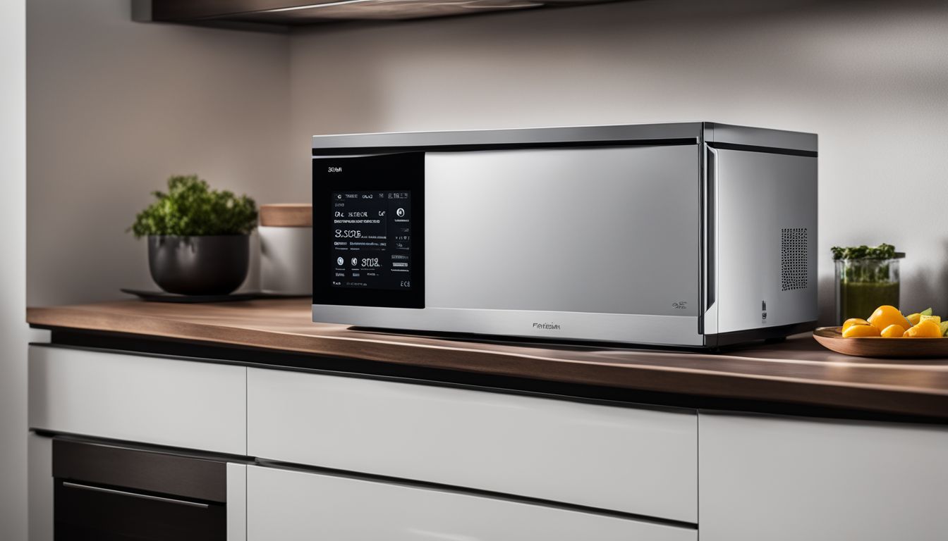 A stylish modern microwave on a minimalist kitchen countertop.