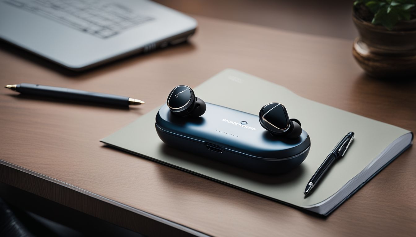 A pair of high-quality wireless earbuds on a modern desk.