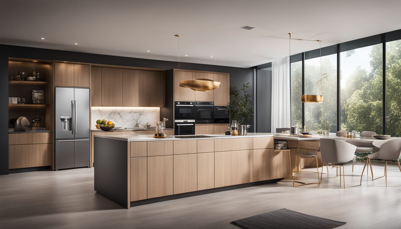 A modern kitchen featuring a top microwave brand and busy atmosphere.