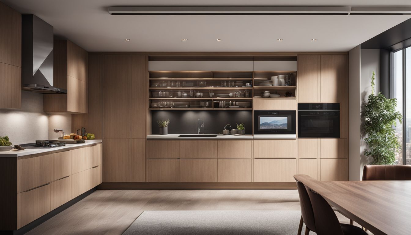 A modern kitchen with sleek built-in microwave and stylish cabinetry.