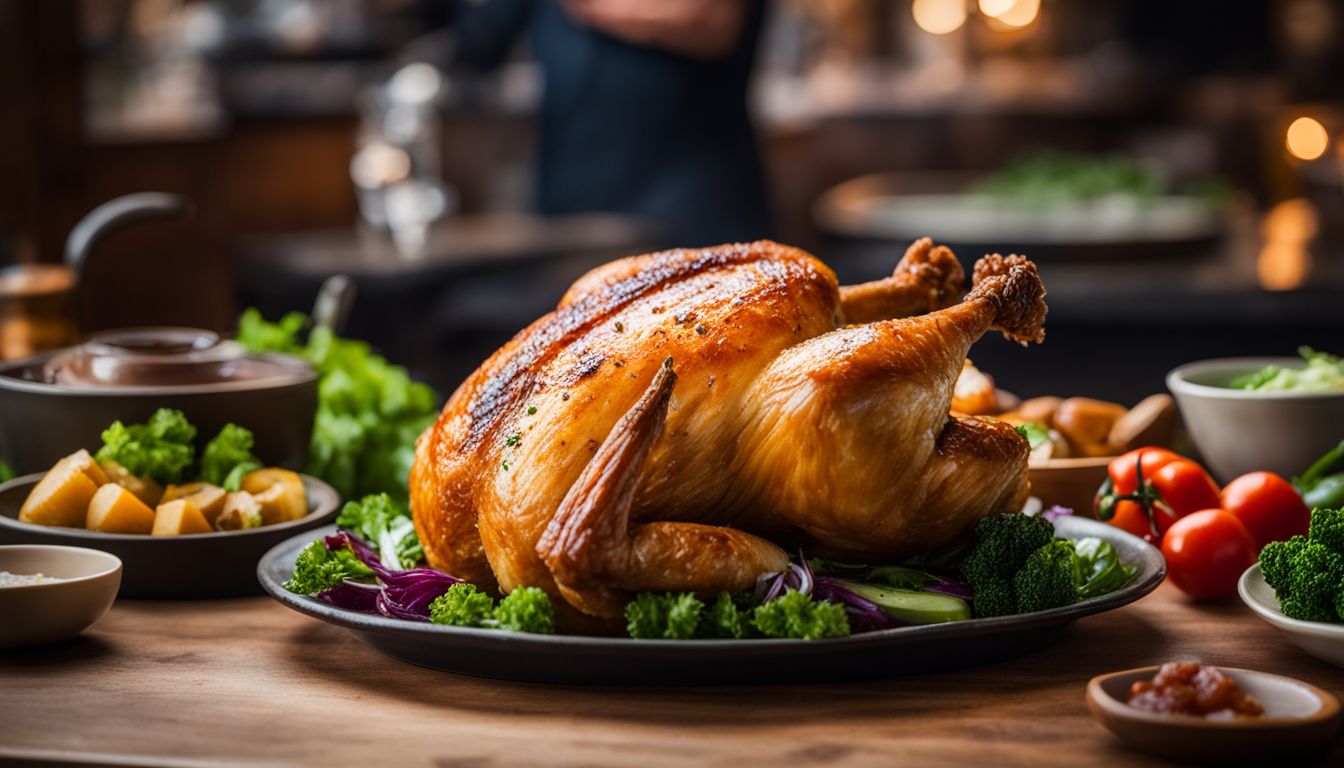 A golden-brown roast chicken surrounded by fresh vegetables in a bustling atmosphere.