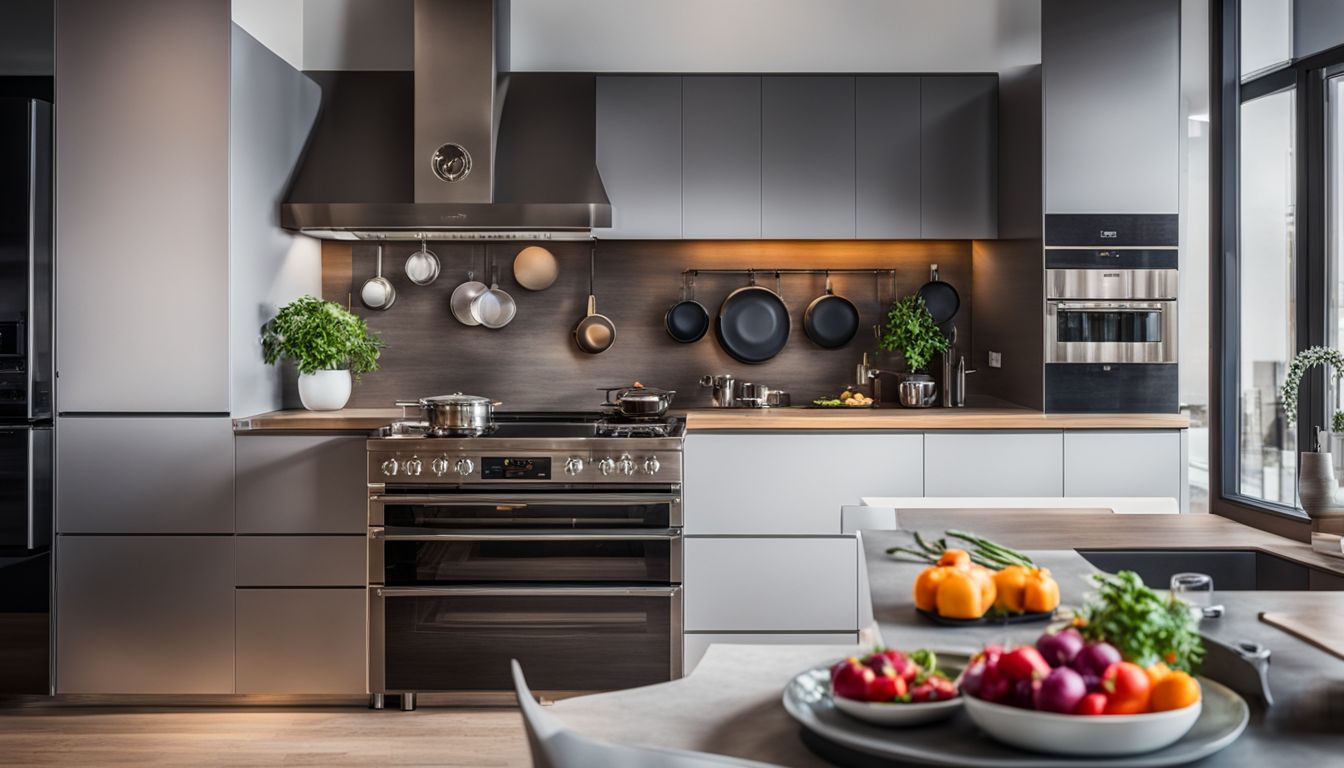 A modern stainless steel gas cooktop in a stylish kitchen with colorful pots and pans.