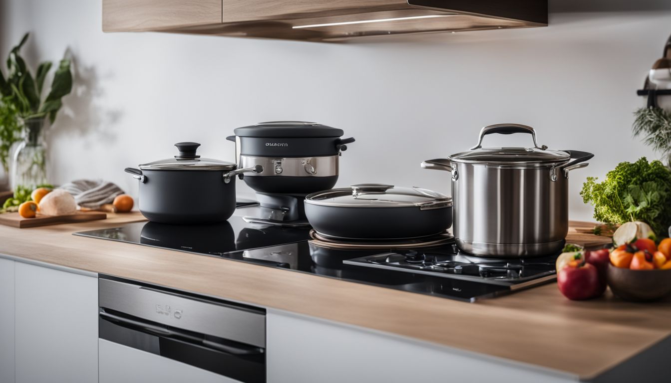 A modern kitchen with a sleek electric induction range surrounded by high-quality cookware.